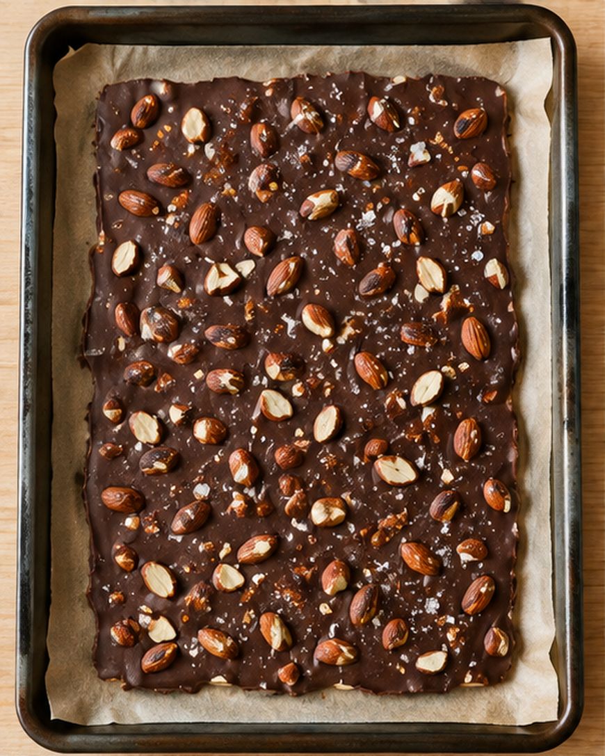 A baking tray lined with parchment holds a large slab of dark chocolate bark topped with whole and chopped almonds and a sprinkle of coarse sea salt.