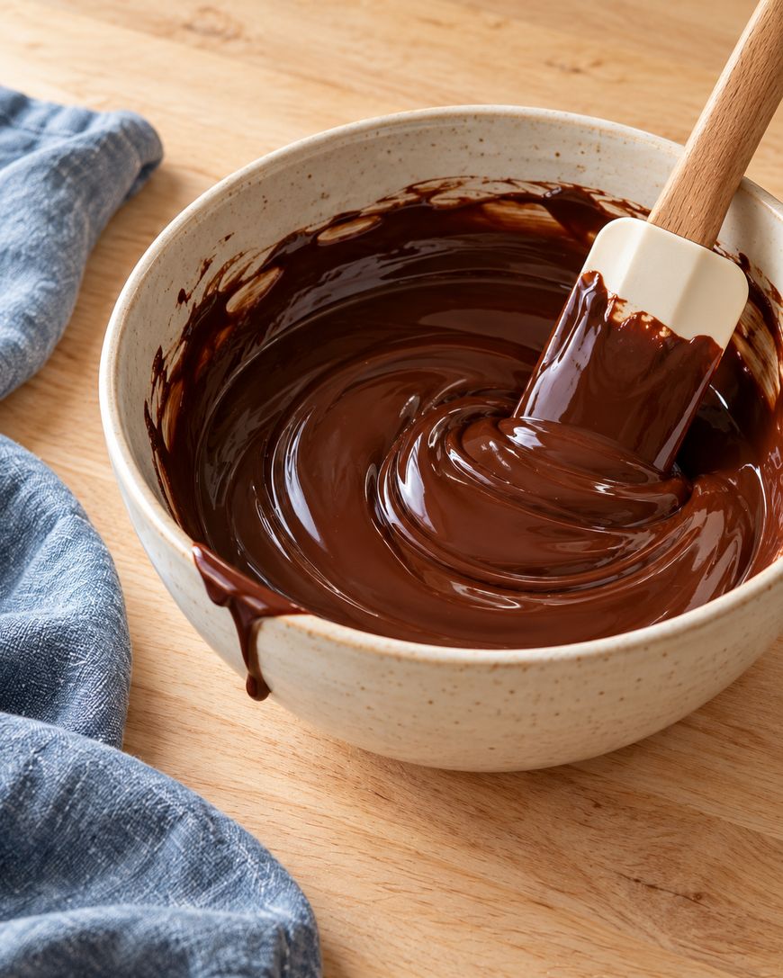 A ceramic bowl filled with melted chocolate being stirred with a spatula sits on a wooden surface next to a blue cloth.