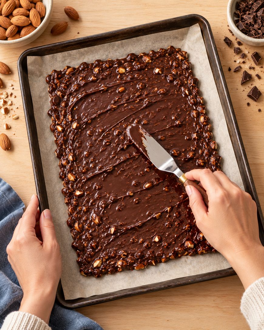 A person spreads chocolate and almond mixture onto a parchment-lined baking tray with a spatula. Bowls of almonds and chocolate pieces sit nearby on a wooden surface.