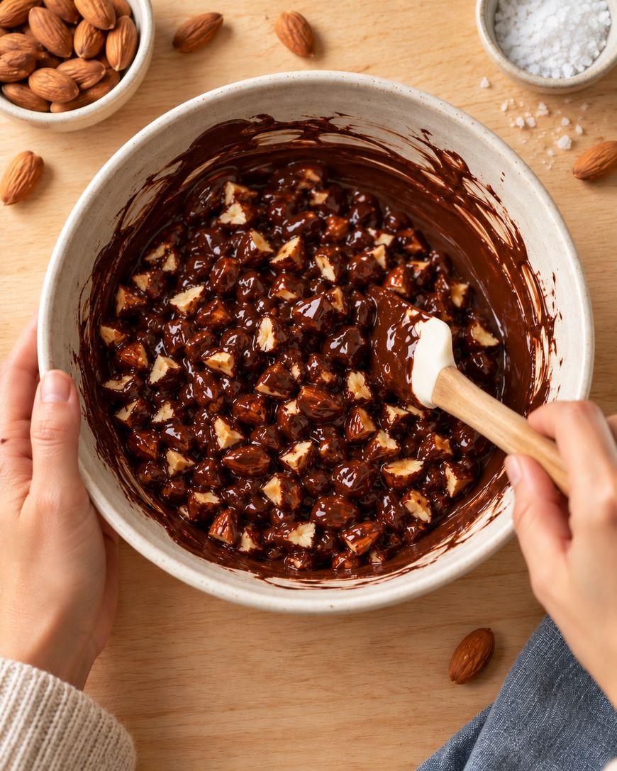 A person stirs chopped almonds into melted chocolate in a white bowl with a spatula. Whole almonds, salt, and a blue napkin are nearby on a wooden table.