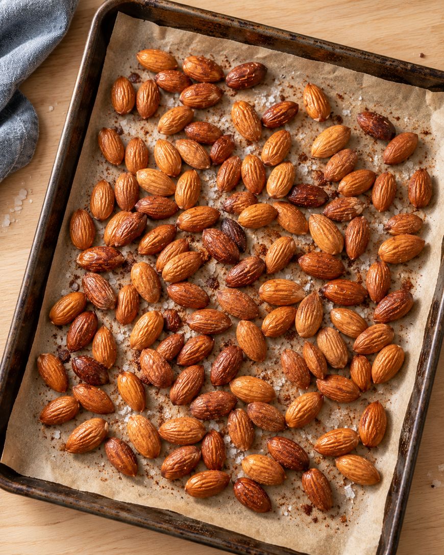 A baking sheet lined with parchment paper holds a single layer of roasted almonds, lightly sprinkled with coarse salt, on a wooden surface.