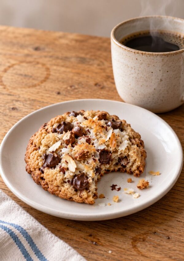 A partially eaten oatmeal chocolate chip and coconut cookie on a small plate next to a steaming mug of coffee.