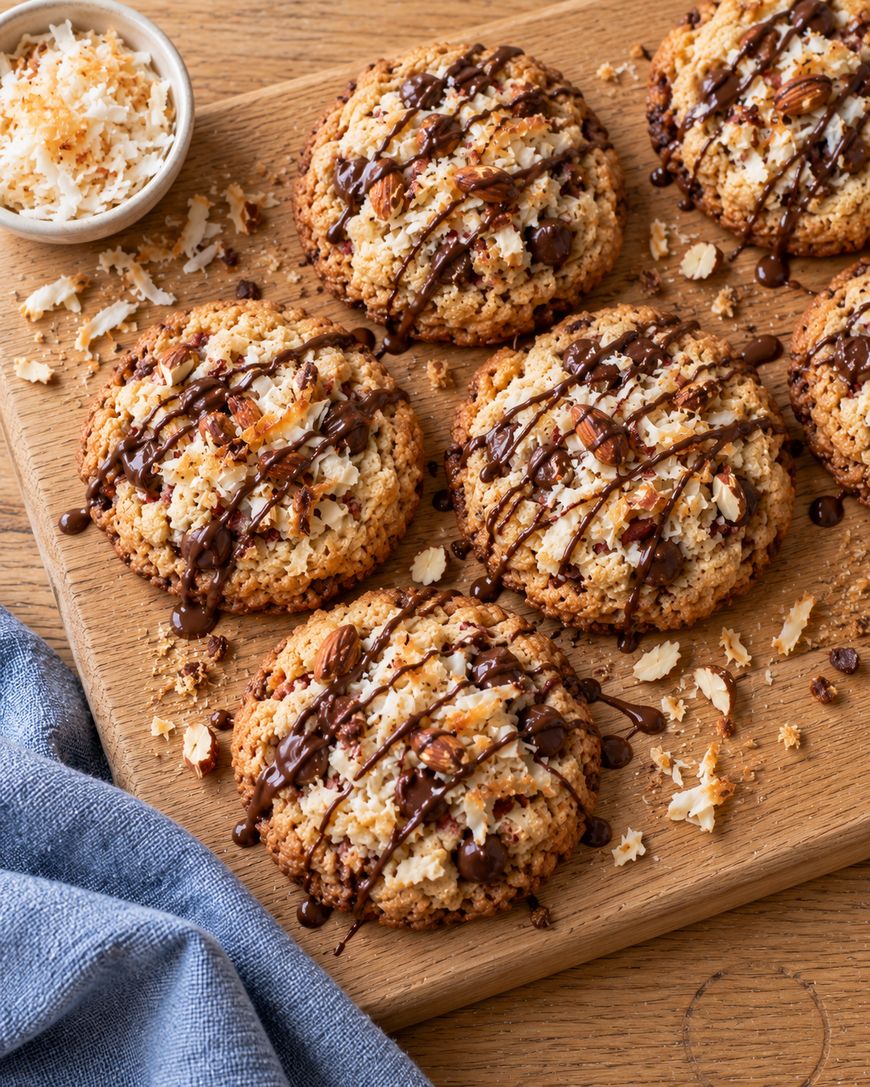 Several cookies topped with shredded coconut, almonds, and a chocolate drizzle on a wooden board, with a small bowl of coconut nearby.