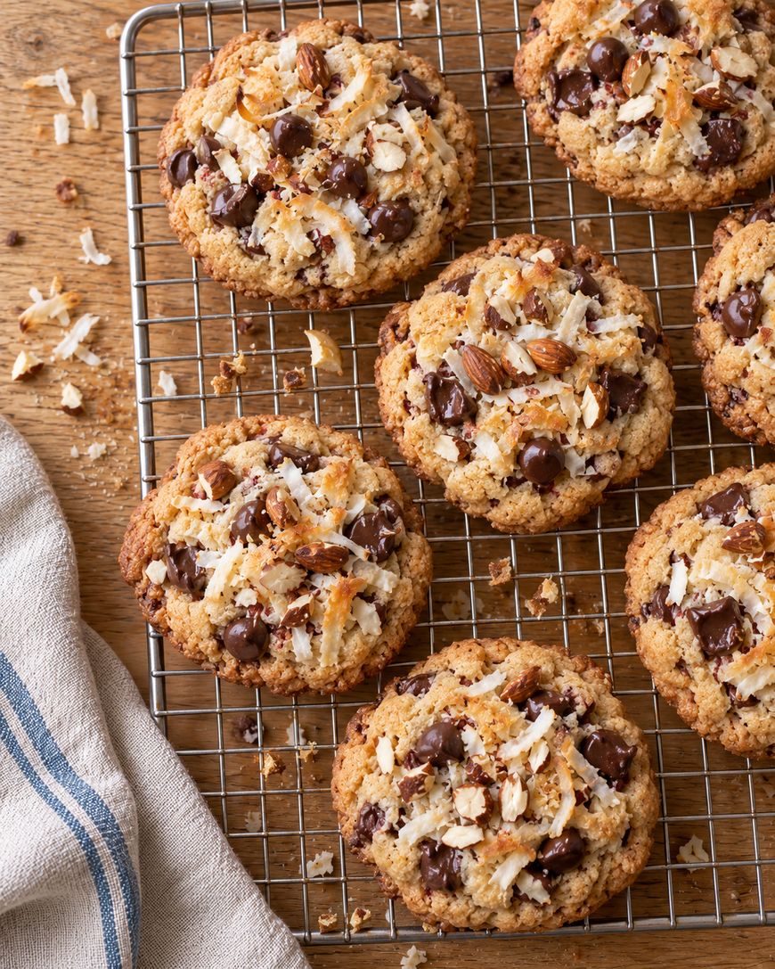 Several round cookies topped with chocolate chips, shredded coconut, and almonds resting on a wire cooling rack.