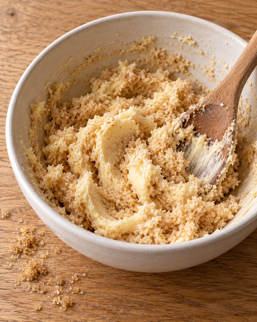 A wooden spoon mixing butter and brown sugar in a ceramic bowl.