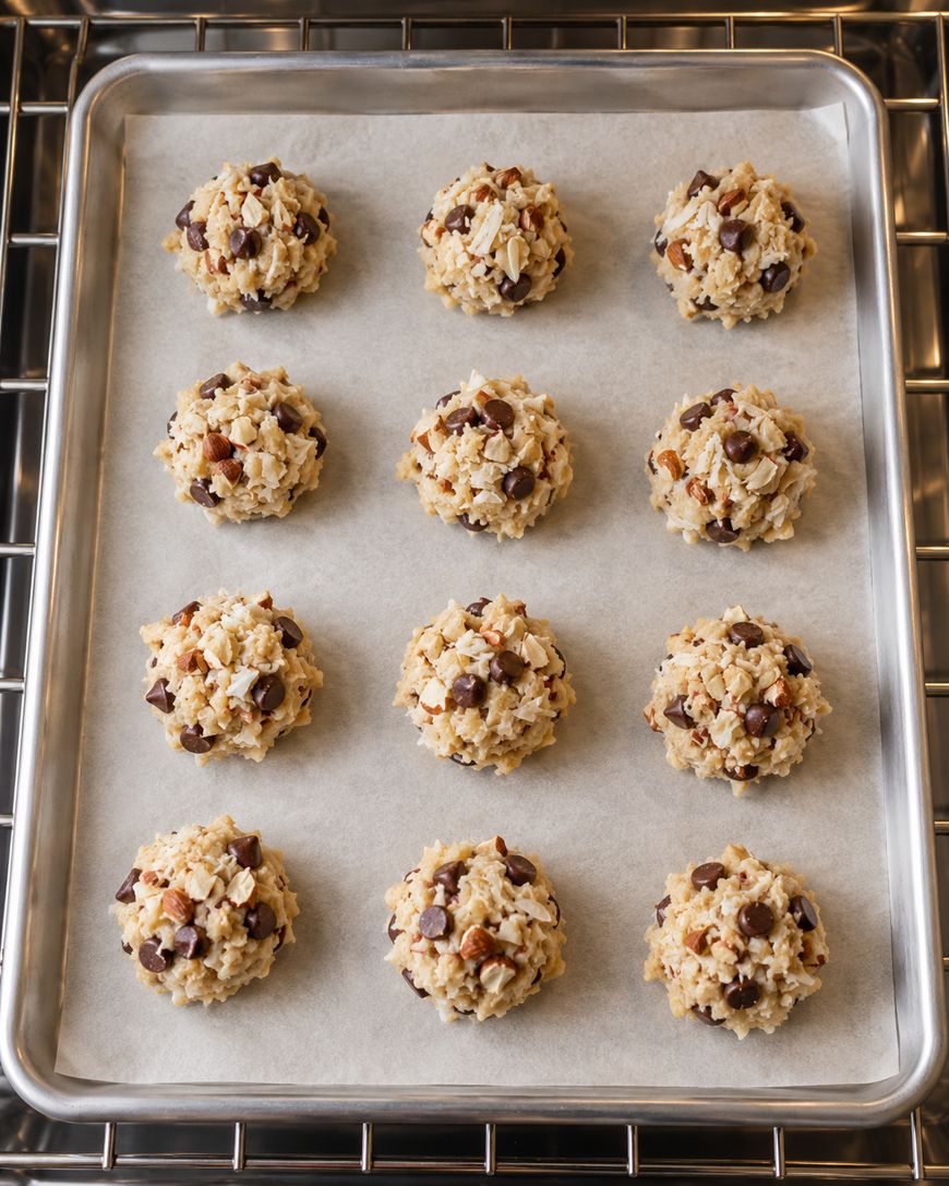 Twelve scoops of cookie dough containing chocolate chips and chopped nuts arranged on a parchment-lined baking sheet.