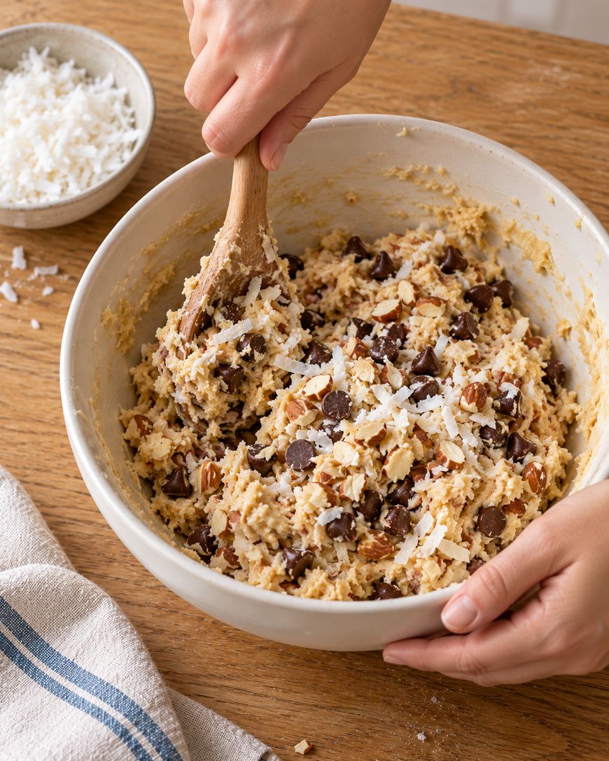 Hands mixing cookie dough with chocolate chips, chopped nuts, and shredded coconut in a large bowl.