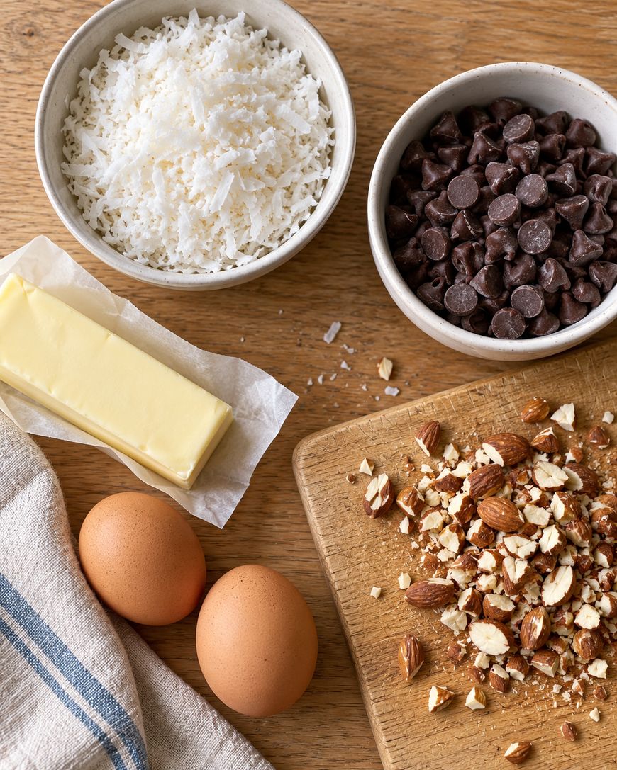 Two bowls containing shredded coconut and chocolate chips, a stick of butter, two eggs, and chopped almonds on a wooden surface.