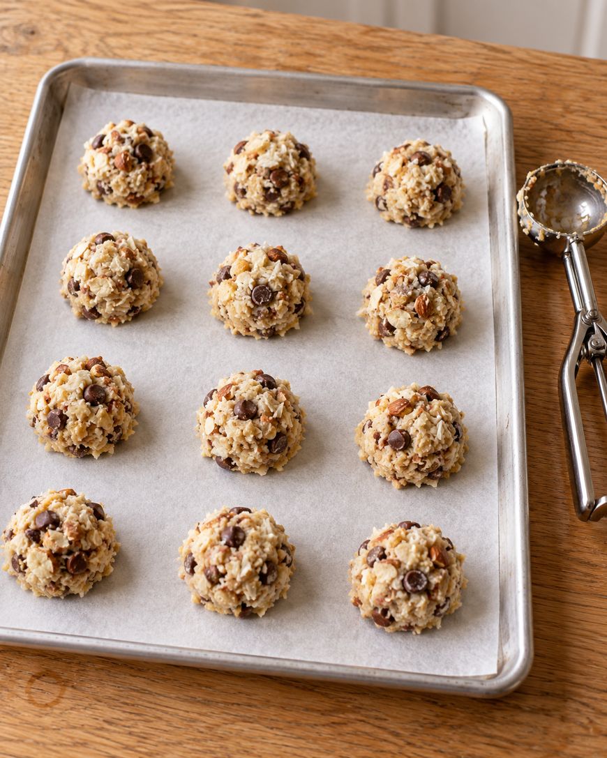 Twelve rounds of unbaked chocolate chip and oat cookie dough arranged on a parchment-lined baking sheet next to a metal cookie scoop.