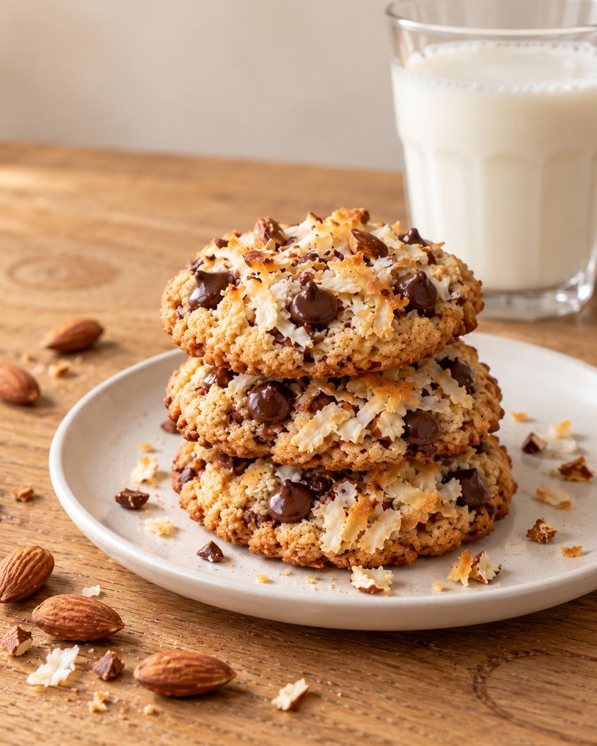 A stack of three coconut chocolate chip almond cookies on a small plate next to a glass of milk.