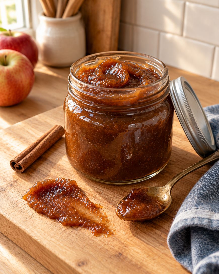 A glass jar of apple butter on a wooden board with a spoonful of the spread, a cinnamon stick, and fresh apples nearby.