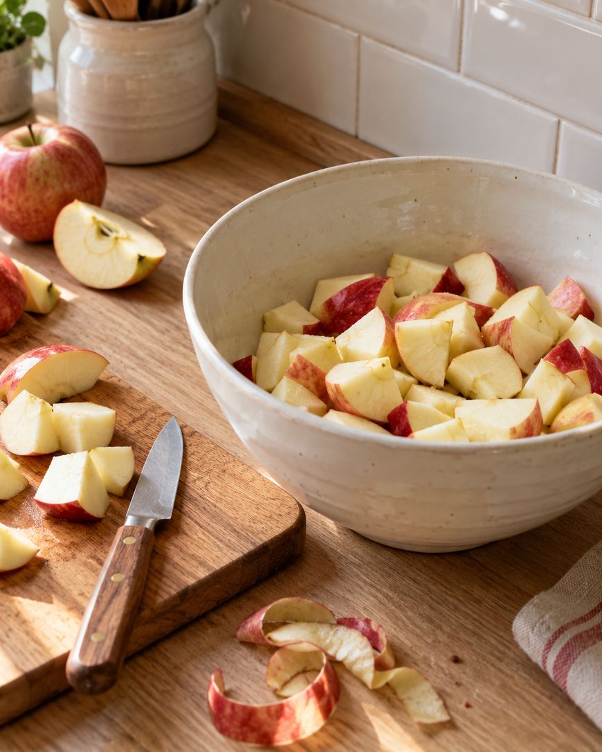 A large bowl of chopped apples sits on a wooden counter next to a cutting board with a knife, apple slices, and peelings.