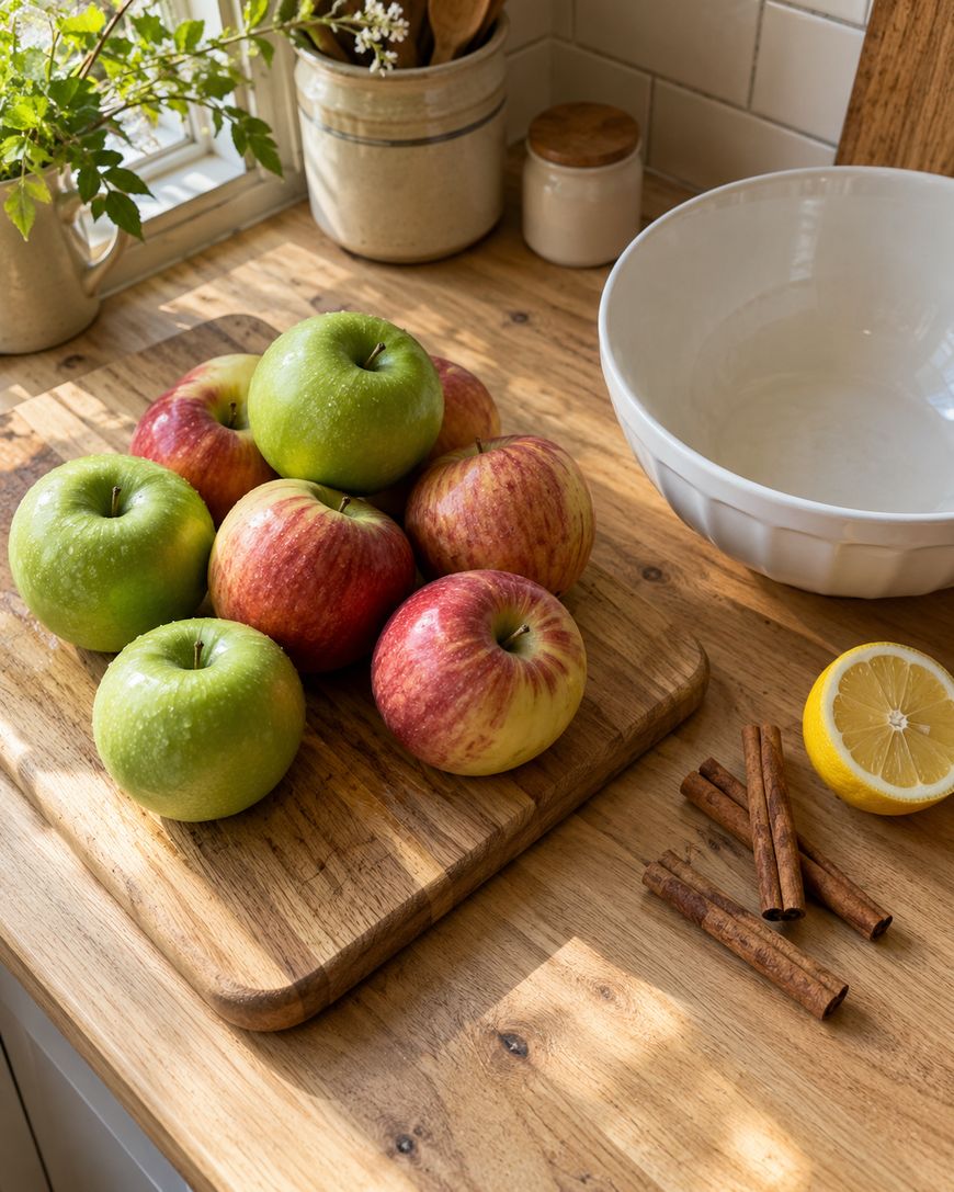 A pile of red and green apples on a wooden cutting board next to a white bowl, a halved lemon, and three cinnamon sticks.