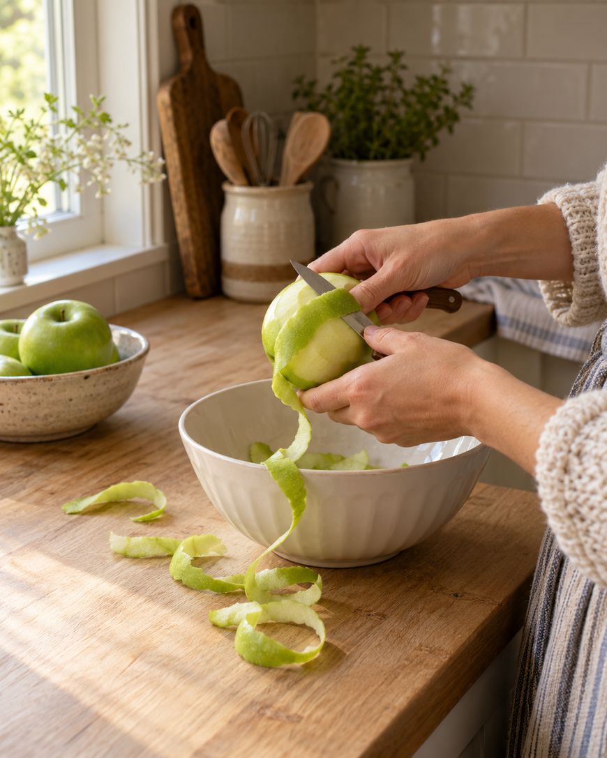 A person uses a paring knife to peel a green apple over a bowl.