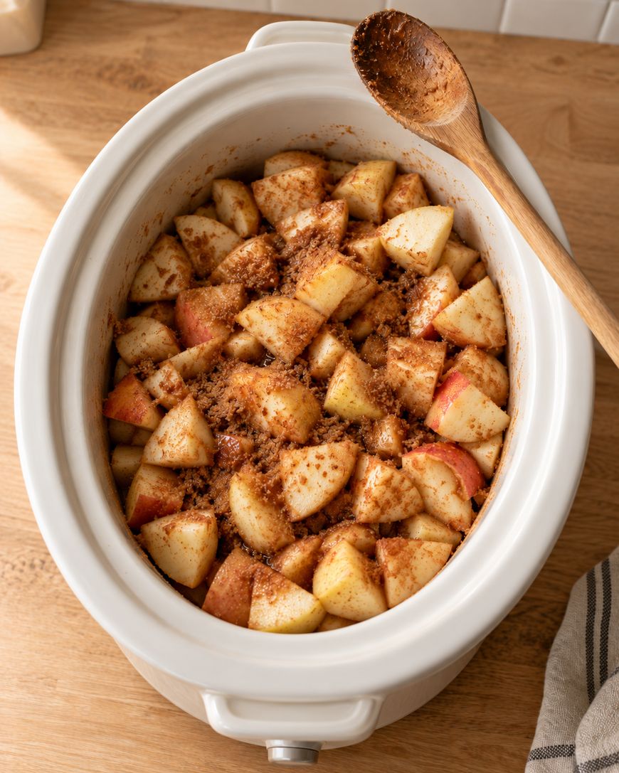 A white slow cooker filled with diced apples tossed in cinnamon and brown sugar, with a wooden spoon resting on the rim.