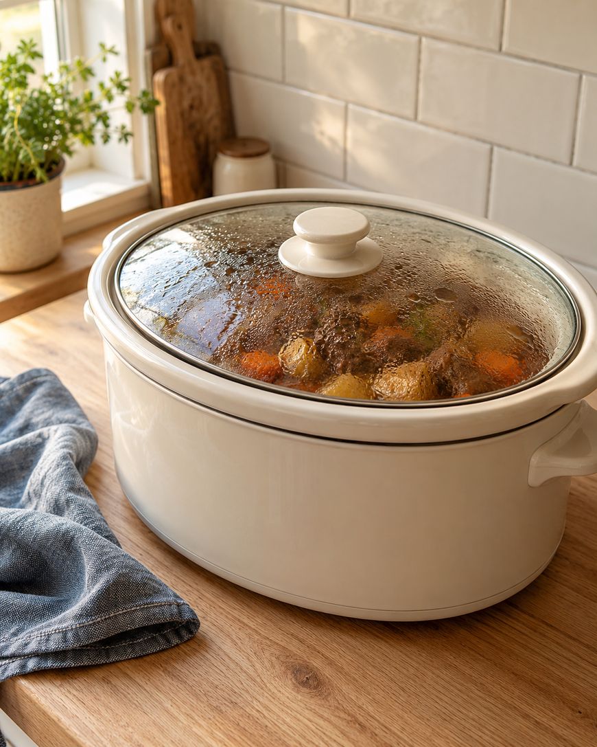 A white oval slow cooker with a glass lid sitting on a wooden countertop.