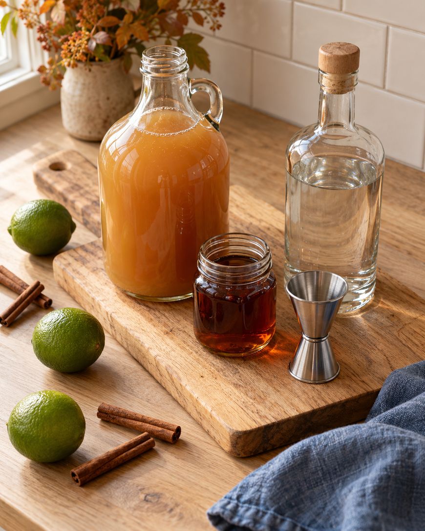 Ingredients for a cocktail including a jug of juice, a bottle of clear liquid, a small jar of syrup, a jigger, three limes, and cinnamon sticks on a wooden cutting board.