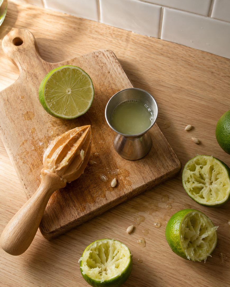 A wooden citrus reamer, a jigger filled with lime juice, and several halved limes on a wooden cutting board.