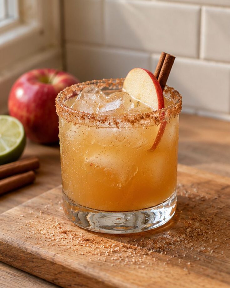 An iced apple cocktail in a cinnamon-rimmed glass, garnished with an apple slice and a cinnamon stick.