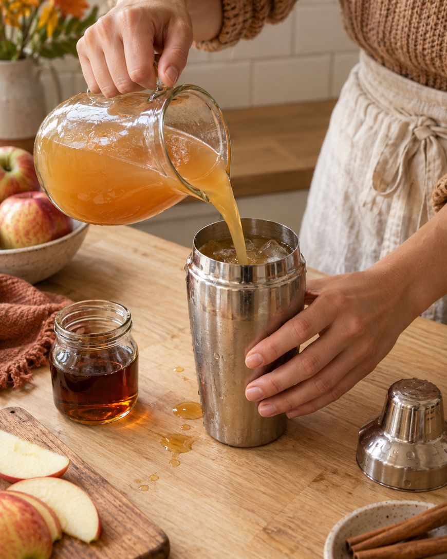 A person pours apple cider from a glass pitcher into a stainless steel cocktail shaker filled with ice.
