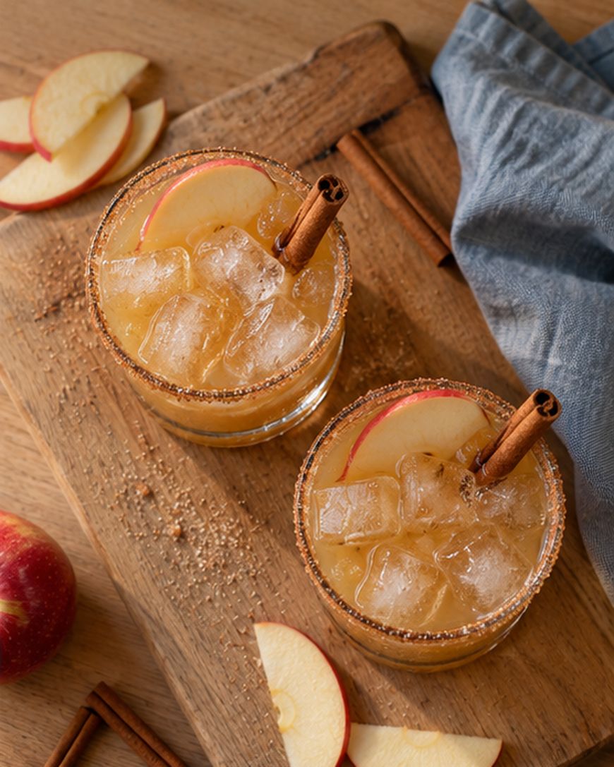 Two glasses of iced apple cider garnished with cinnamon sticks and apple slices on a wooden board.