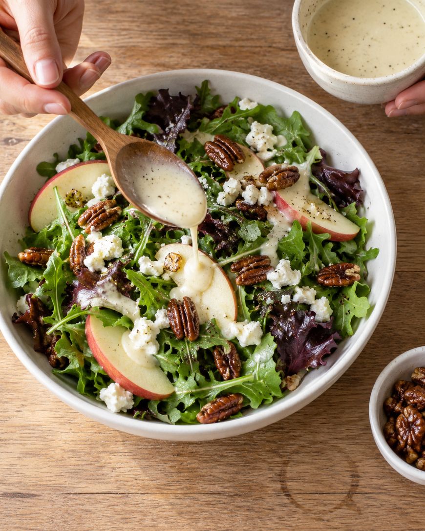 A wooden spoon pours dressing over a bowl of salad with mixed greens, apple slices, pecans, and crumbled cheese.