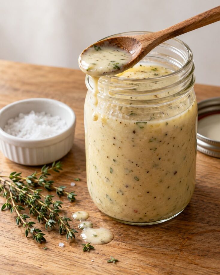 A wooden spoon dripping creamy herb dressing into a glass jar, with a small bowl of salt and a sprig of fresh thyme on a wooden table.