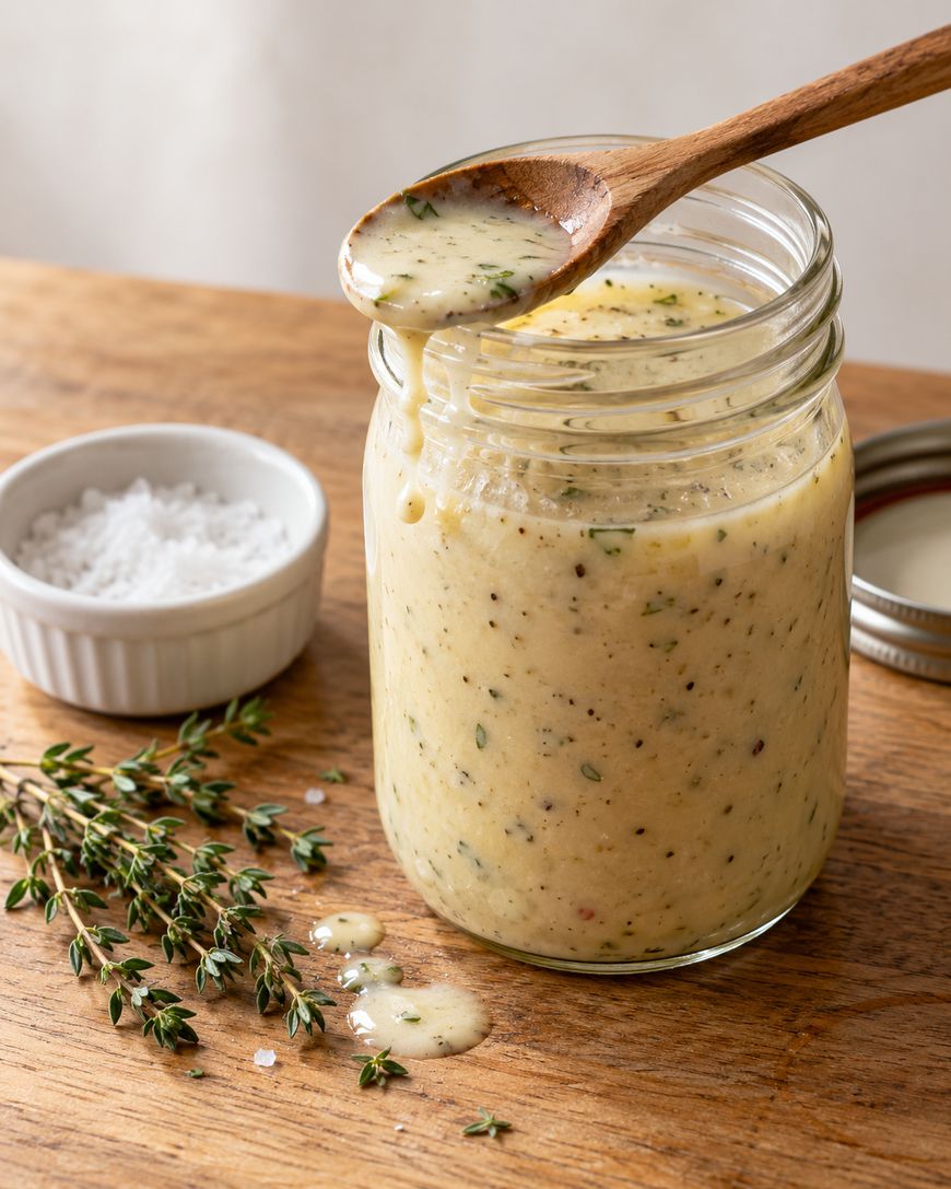 A wooden spoon dripping creamy herb dressing into a glass jar, with a small bowl of salt and a sprig of fresh thyme on a wooden table.