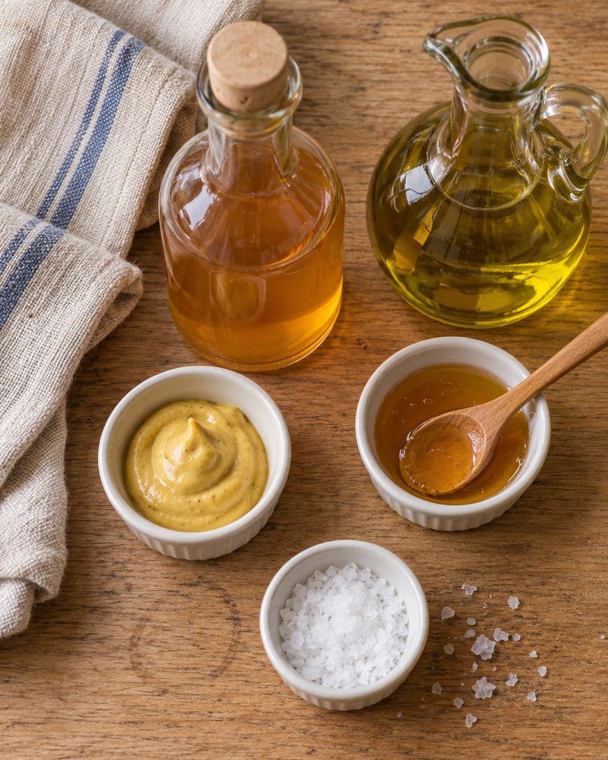 Glass bottles of oil and vinegar, small bowls containing mustard, honey with a wooden spoon, and sea salt arranged on a wooden surface next to a striped kitchen towel.