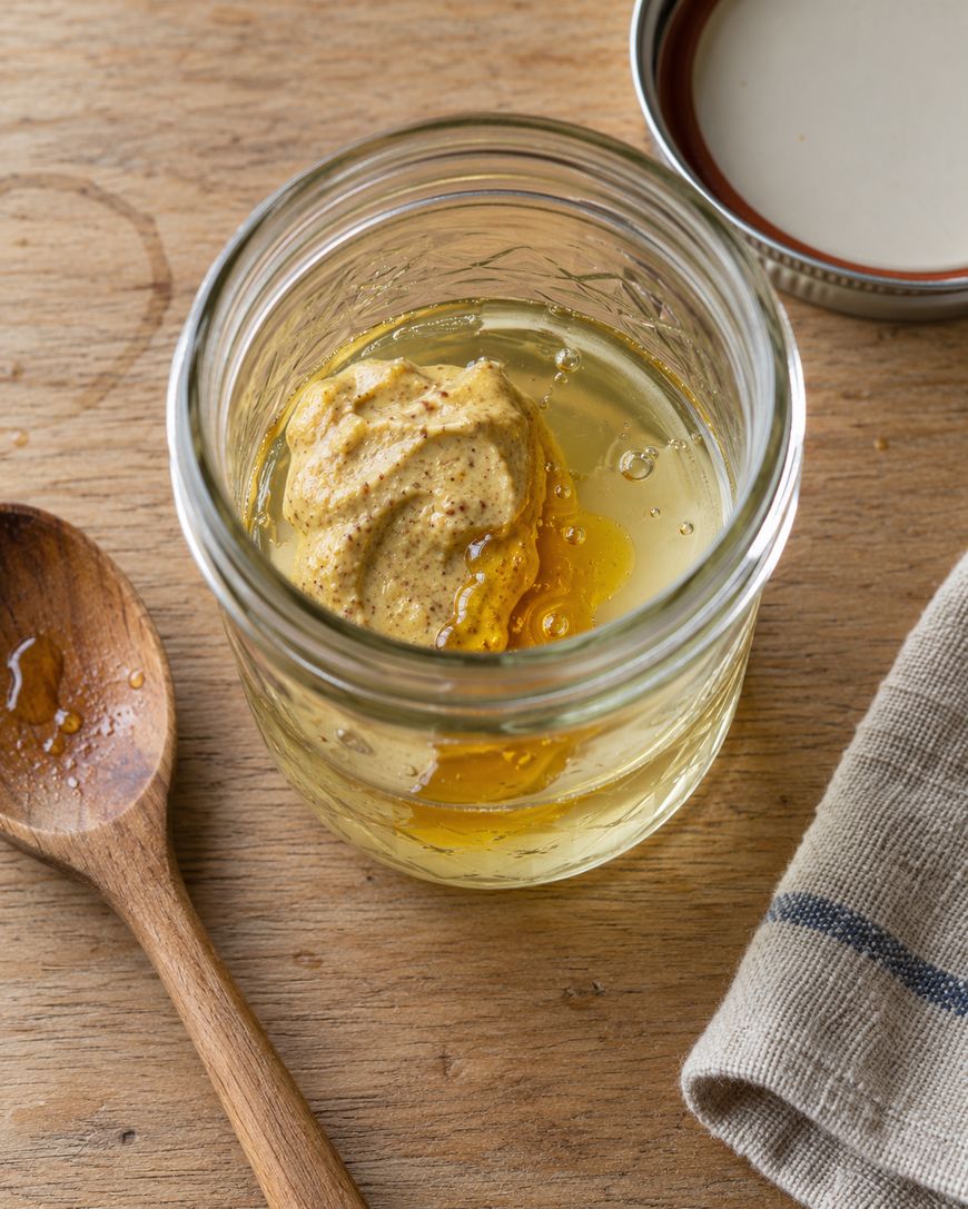 A dollop of grainy mustard in a glass jar of honey, with a wooden spoon and a cloth napkin nearby on a wooden surface.