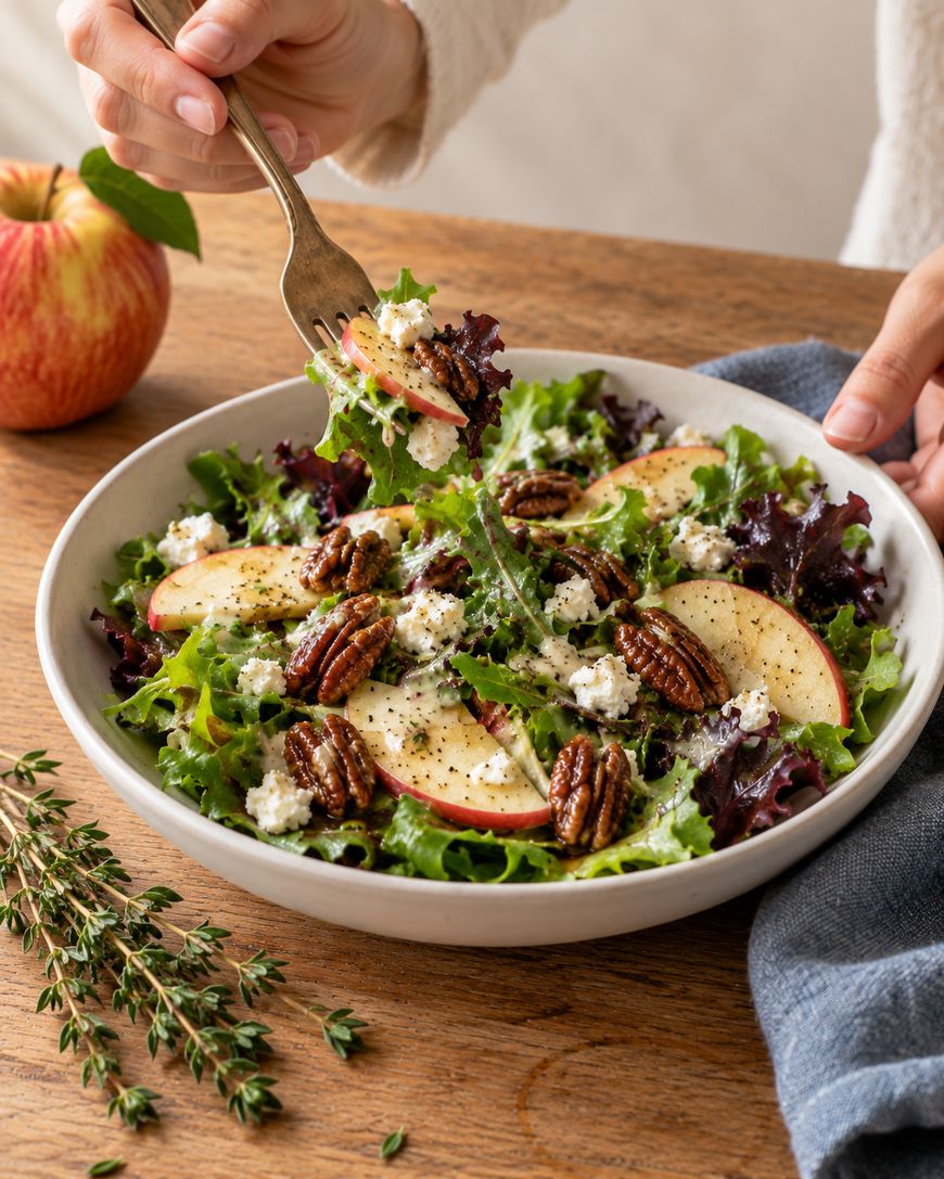 A fork lifts a bite of salad with apple slices, pecans, and crumbled cheese from a white bowl.