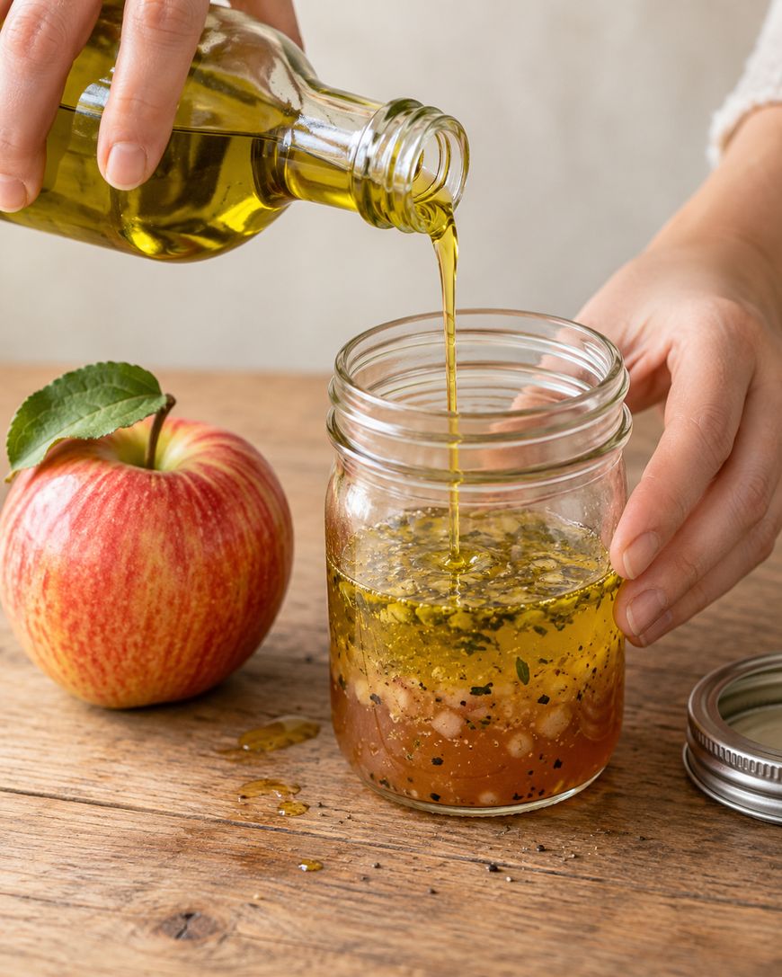 Olive oil being poured from a glass bottle into a mason jar containing salad dressing, next to a fresh apple on a wooden surface.