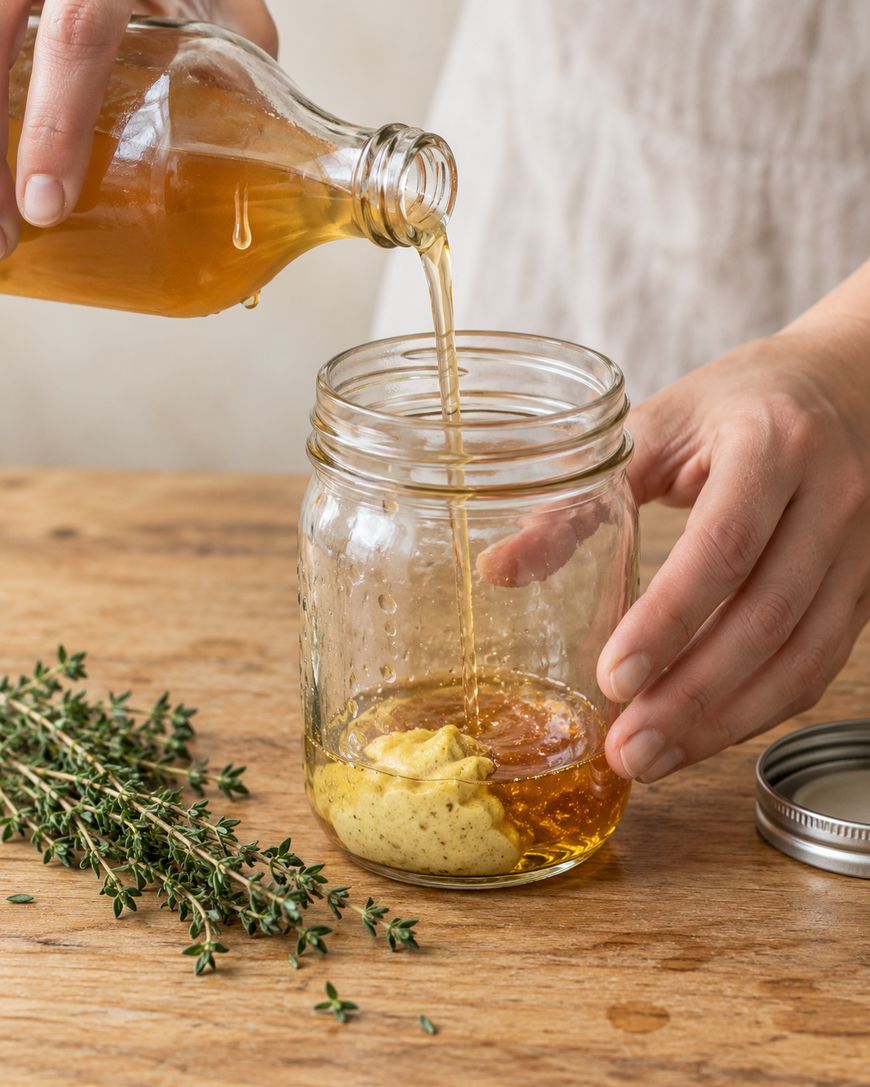 Hands pouring vinegar into a glass jar containing honey and grainy mustard, with a sprig of fresh thyme on the wooden surface.