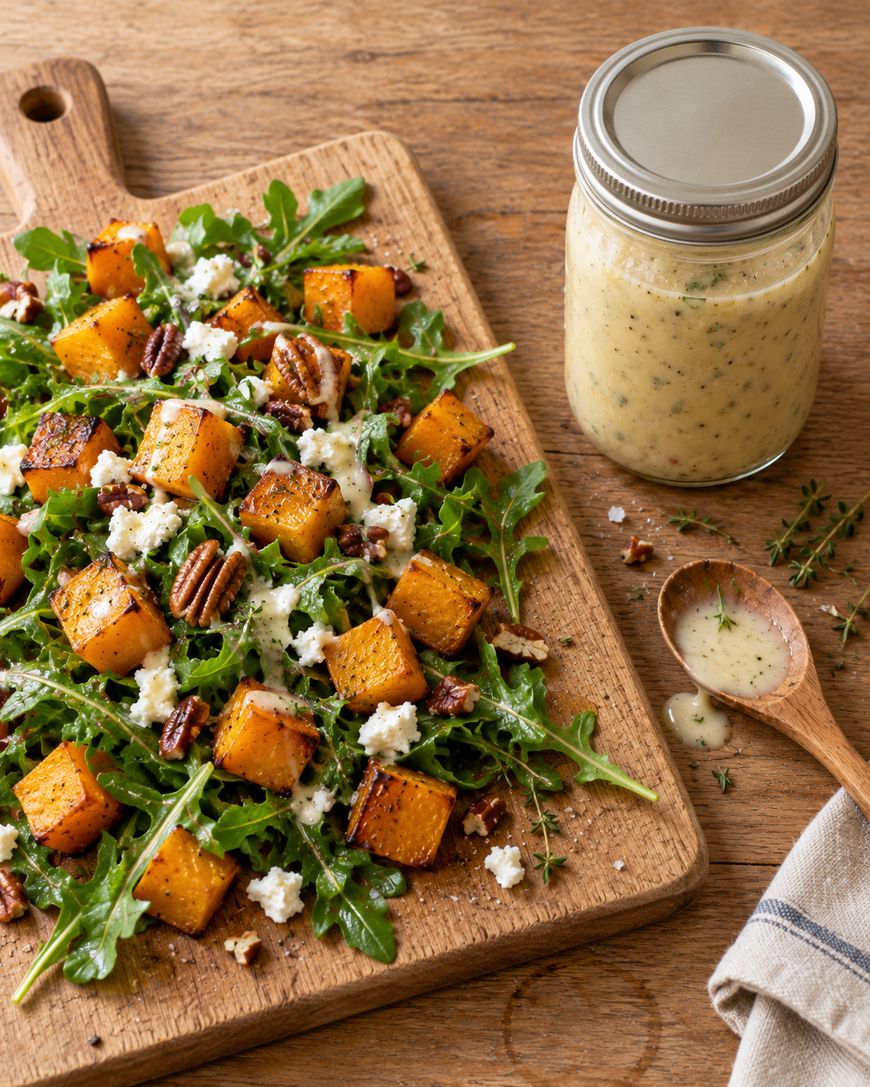 A salad of roasted butternut squash, arugula, pecans, and crumbled cheese on a wooden board, with a mason jar of dressing and a wooden spoon nearby.