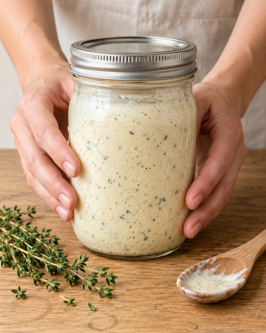 A person holds a glass mason jar filled with a creamy herb dressing, with sprigs of fresh thyme and a wooden spoon nearby on a wooden table.