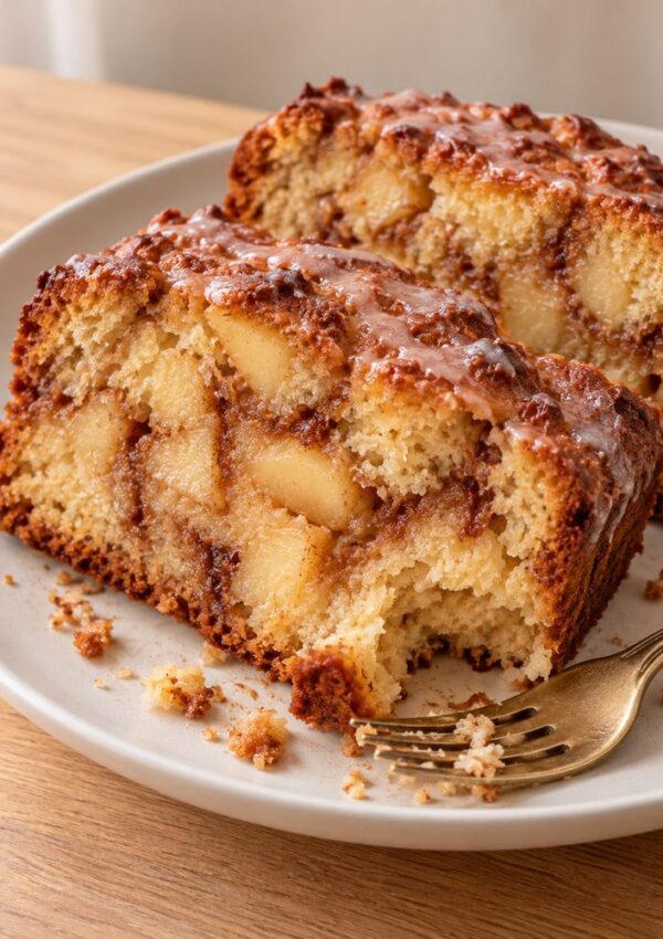 Two slices of glazed apple cinnamon cake on a plate with a gold fork.