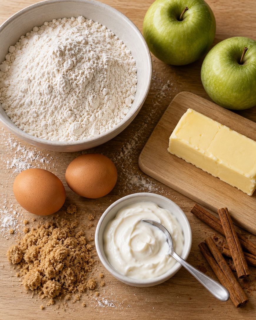 Ingredients for baking: a bowl of flour, two apples, a stick of butter, two eggs, brown sugar, cinnamon sticks, and a small bowl of yogurt with a spoon.