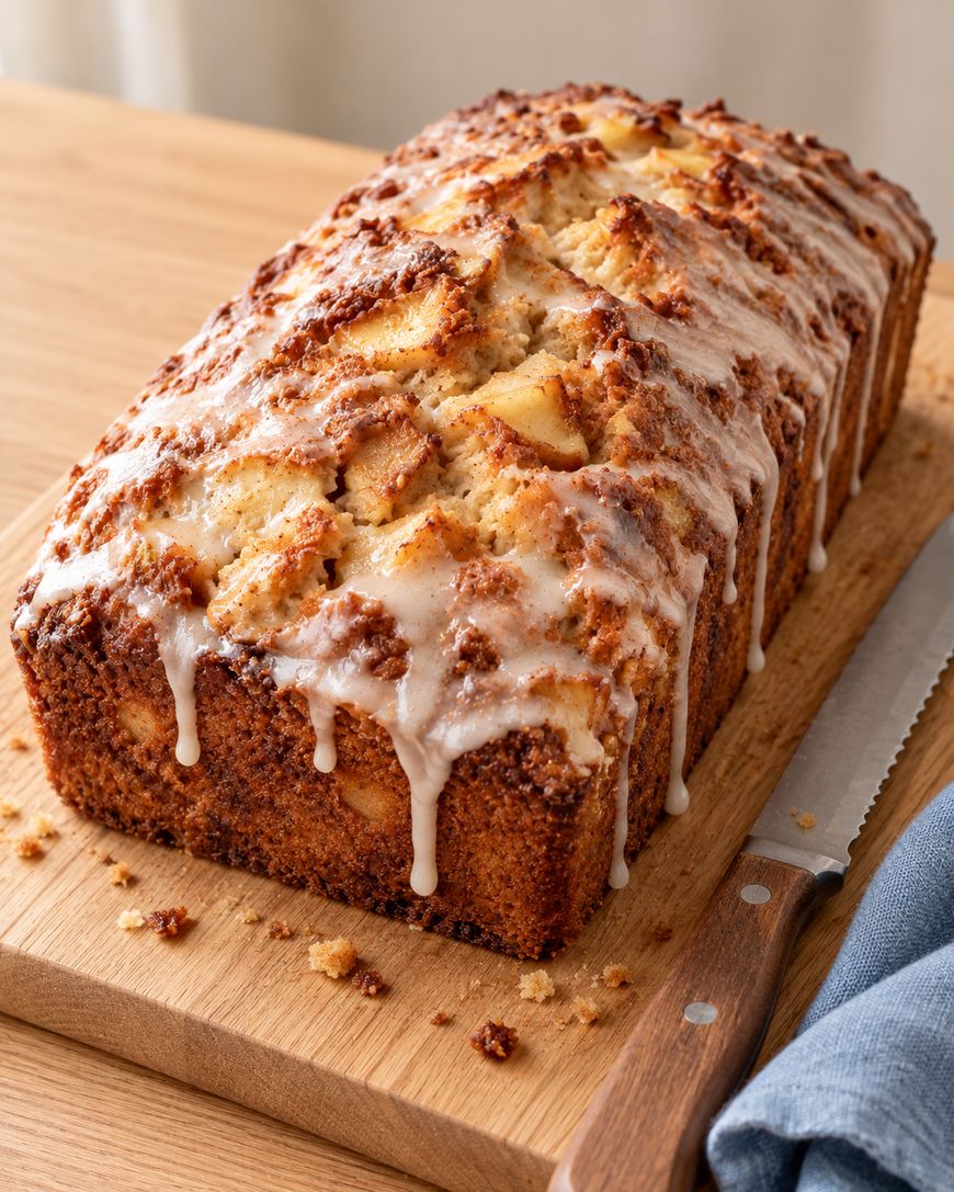A loaf of apple cake with a crumb topping and white glaze, resting on a wooden cutting board with a serrated knife.