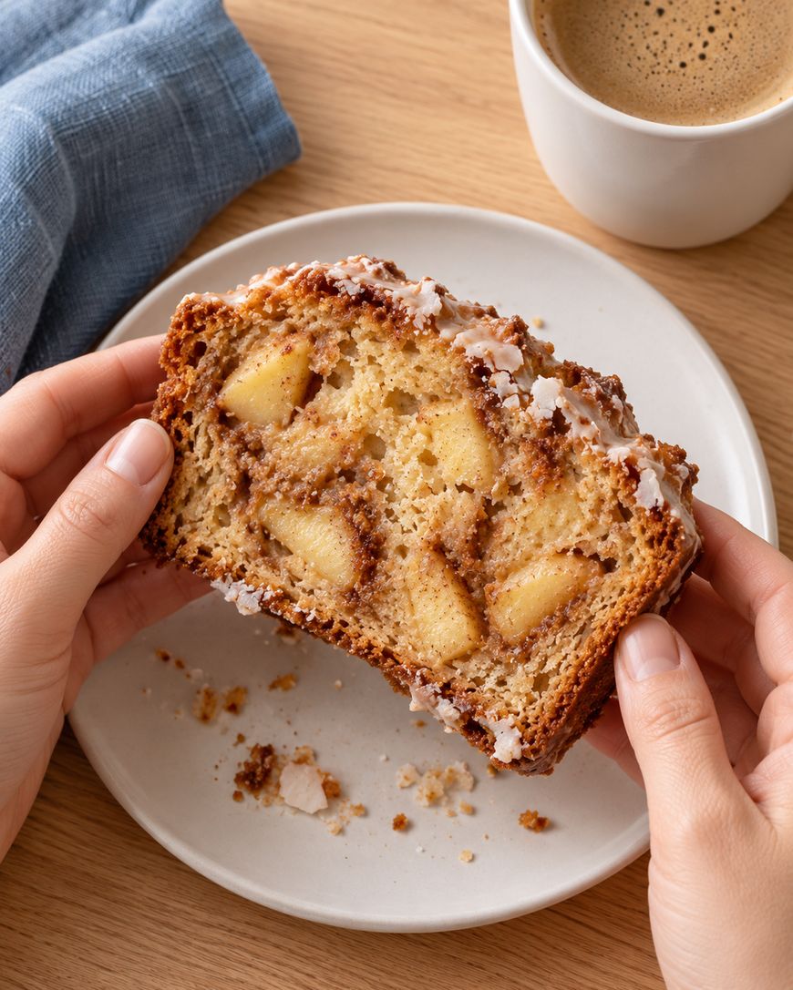 Two hands hold a slice of glazed apple cinnamon loaf cake over a plate, with a cup of coffee nearby.