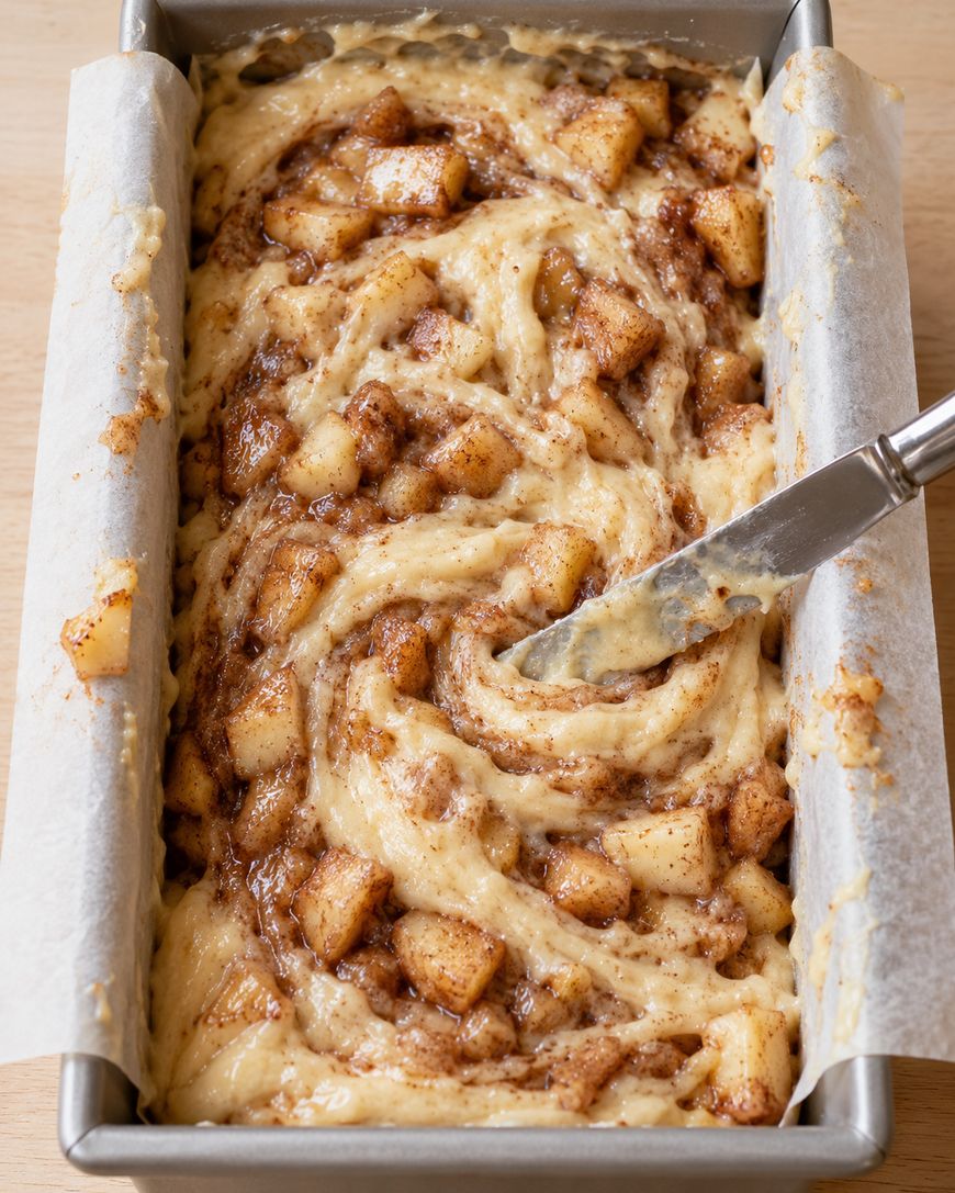 A loaf pan lined with parchment paper filled with apple cinnamon cake batter, being swirled with a butter knife.