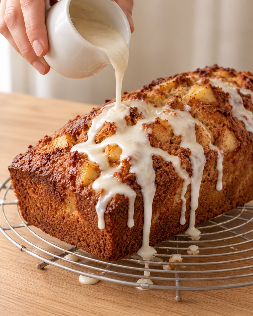 Hand pouring glaze from a small pitcher over an apple loaf cake on a wire cooling rack.