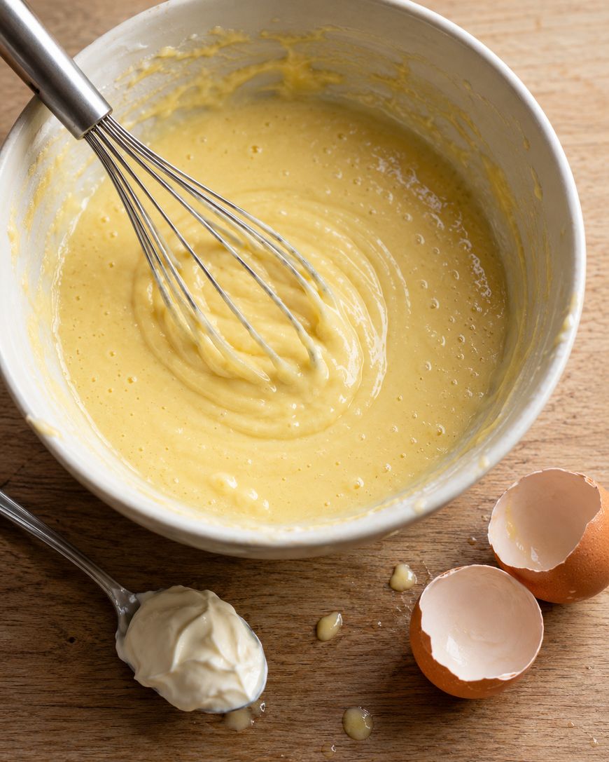 A metal whisk mixes yellow batter in a white bowl, next to a spoon of mayonnaise and broken eggshells on a wooden surface.