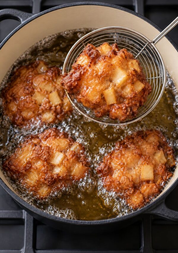 A wire skimmer lifts a golden-brown apple fritter from a pot of bubbling hot oil with two other fritters frying below.