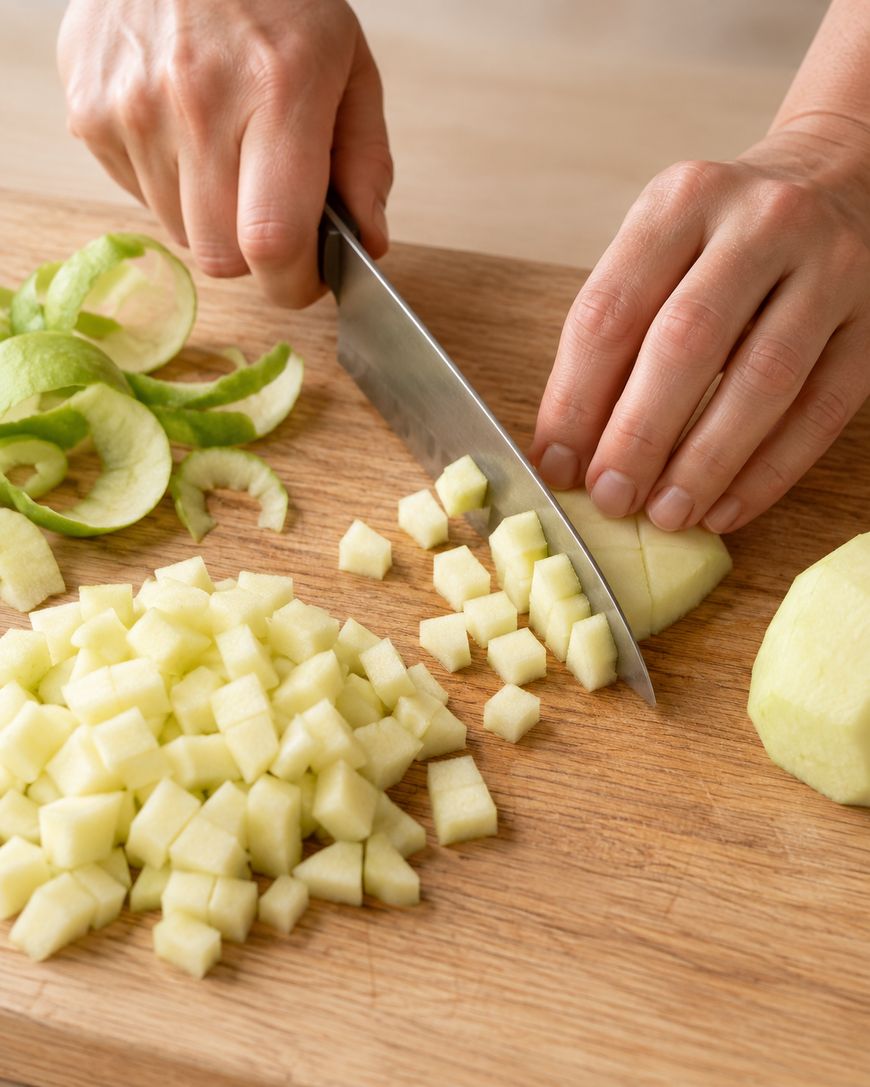 Hands using a chefs knife to dice a peeled apple on a wooden cutting board.