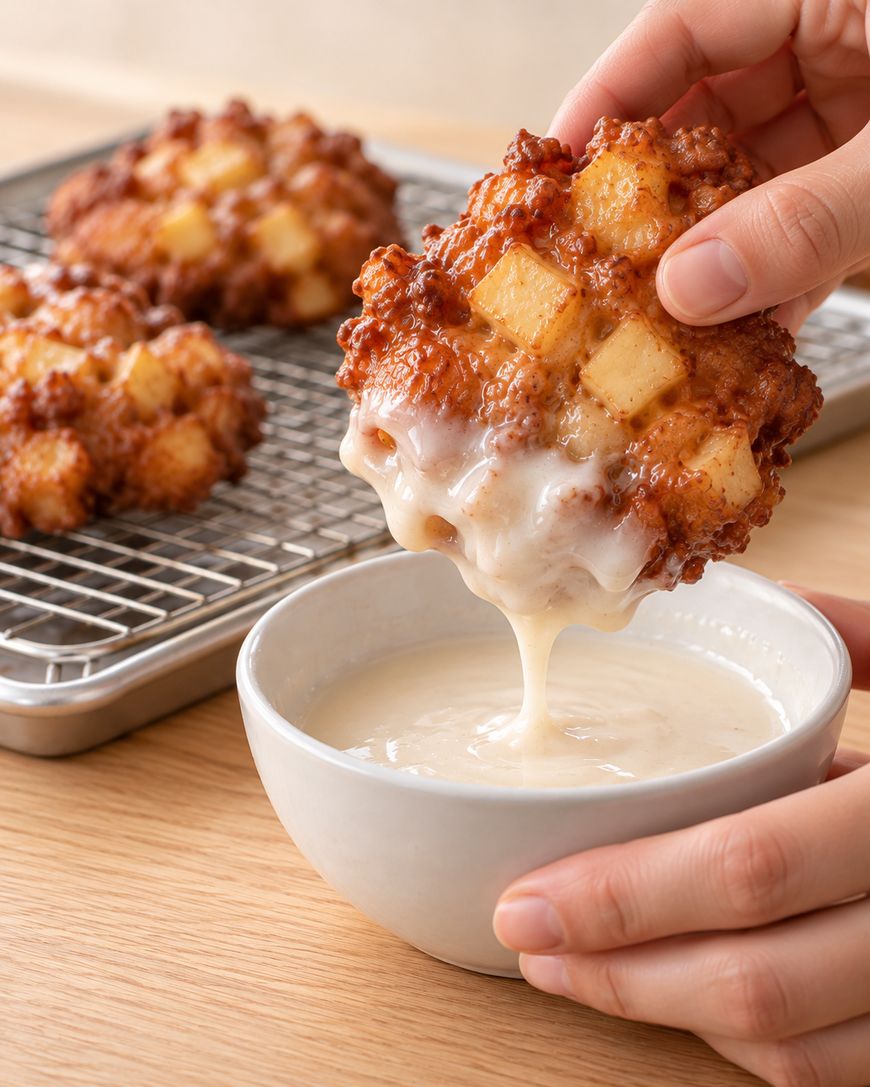A hand dips an apple fritter into a bowl of white glaze, with two additional fritters resting on a cooling rack nearby.