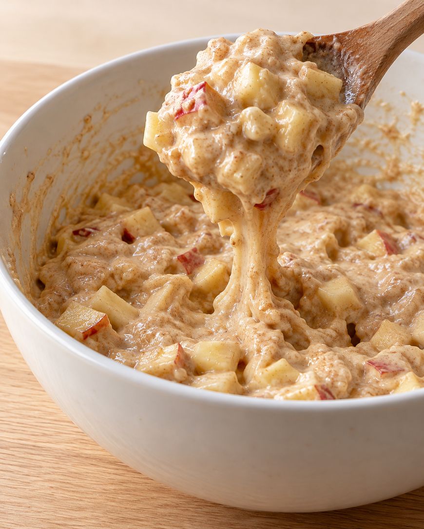 A wooden spoon lifts a thick, cinnamon-spiced apple mixture from a white bowl.