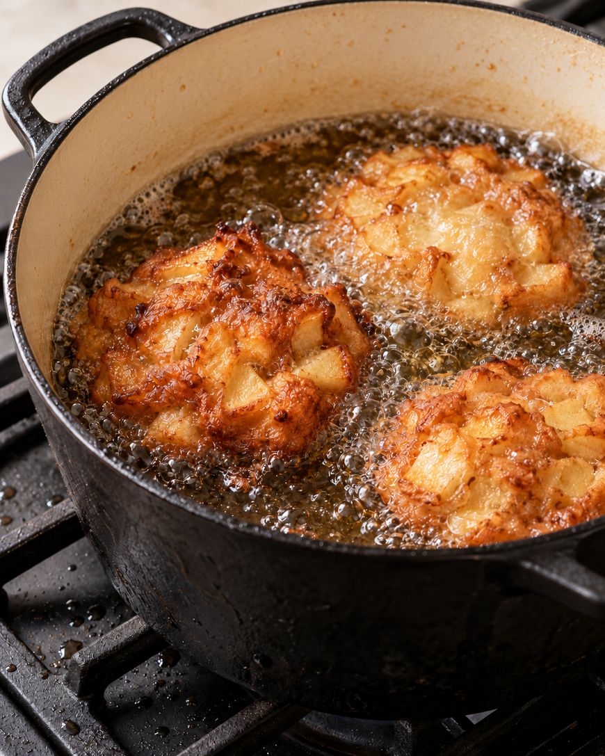 Three fritters frying in a cast iron pot filled with hot oil.