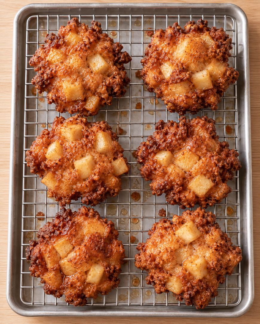 Six golden-brown apple fritters arranged on a metal cooling rack.