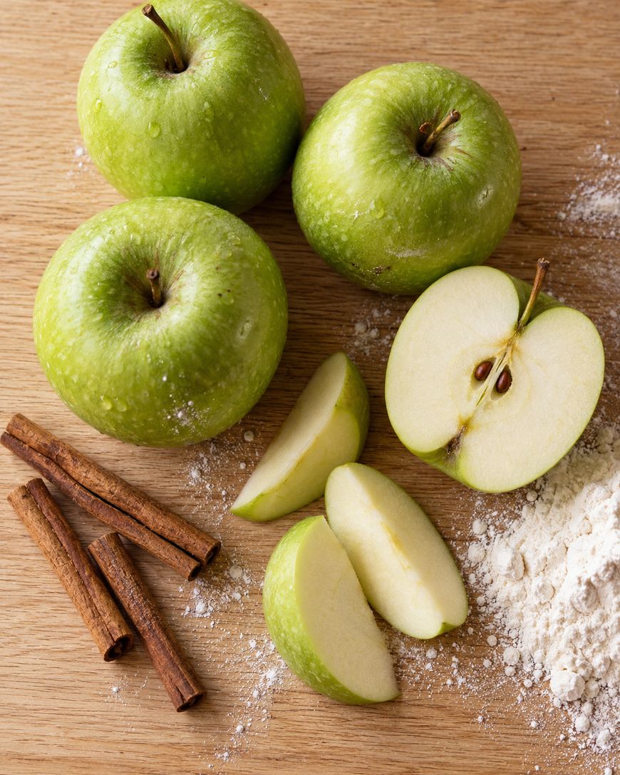 Three whole green apples, apple slices, cinnamon sticks, and a pile of flour on a wooden surface.
