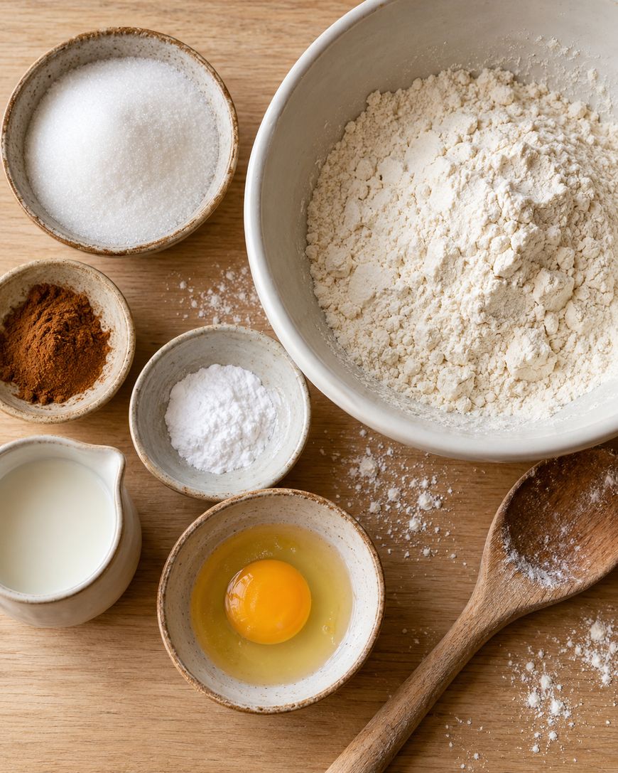 Ingredients for baking, including bowls of flour, sugar, cinnamon, baking powder, a cracked egg, and milk, arranged on a wooden surface with a wooden spoon.
